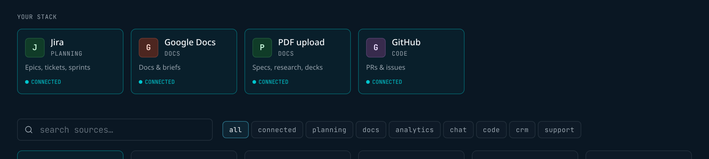 maipl sources catalog showing Jira, Google Docs, PDF upload and GitHub connected